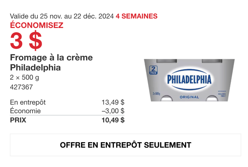 Fromage \u00e0 la cr\u00e8me Philadelphia en rabais sur le site de Costco Canada.
