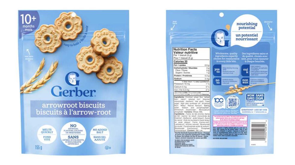 front and back of package of recalled gerber arrowroot biscuits