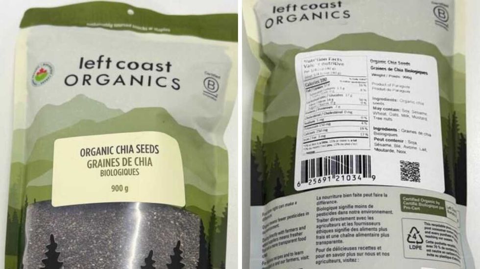 front and back of package of recalled left coast organics brand organic chia seeds