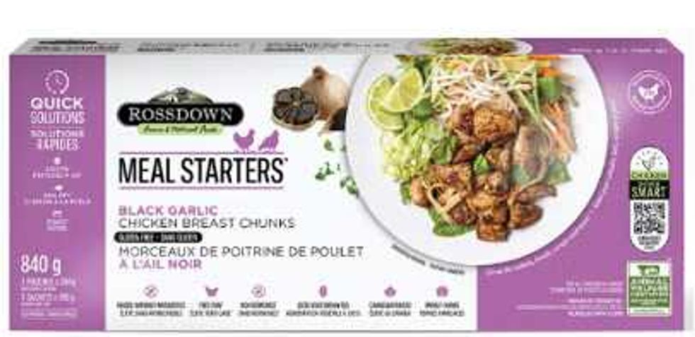 front of pack of recalled Rossdown Meal Starters Black Garlic Chicken Breast Chunks