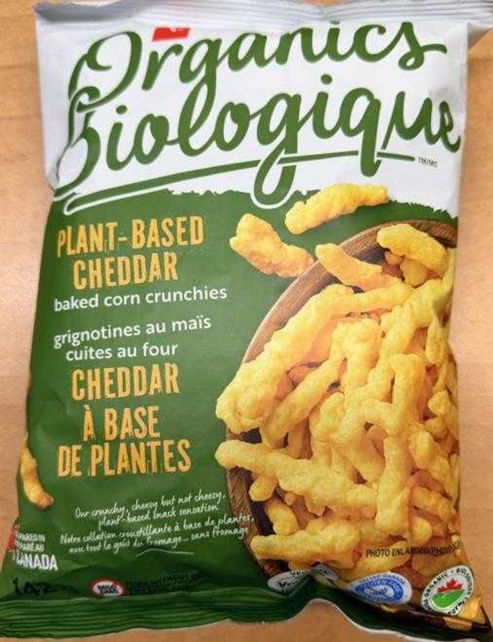 front of package of recalled PC Organics Plant-Based Cheddar baked corn crunchies