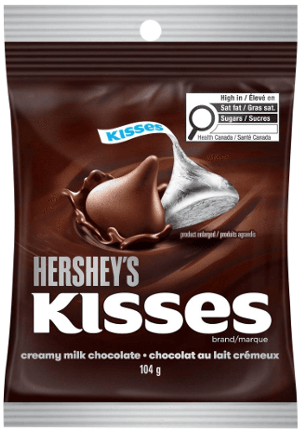 front of the 104 gram size bag of recalled hershey's kisses chocolates