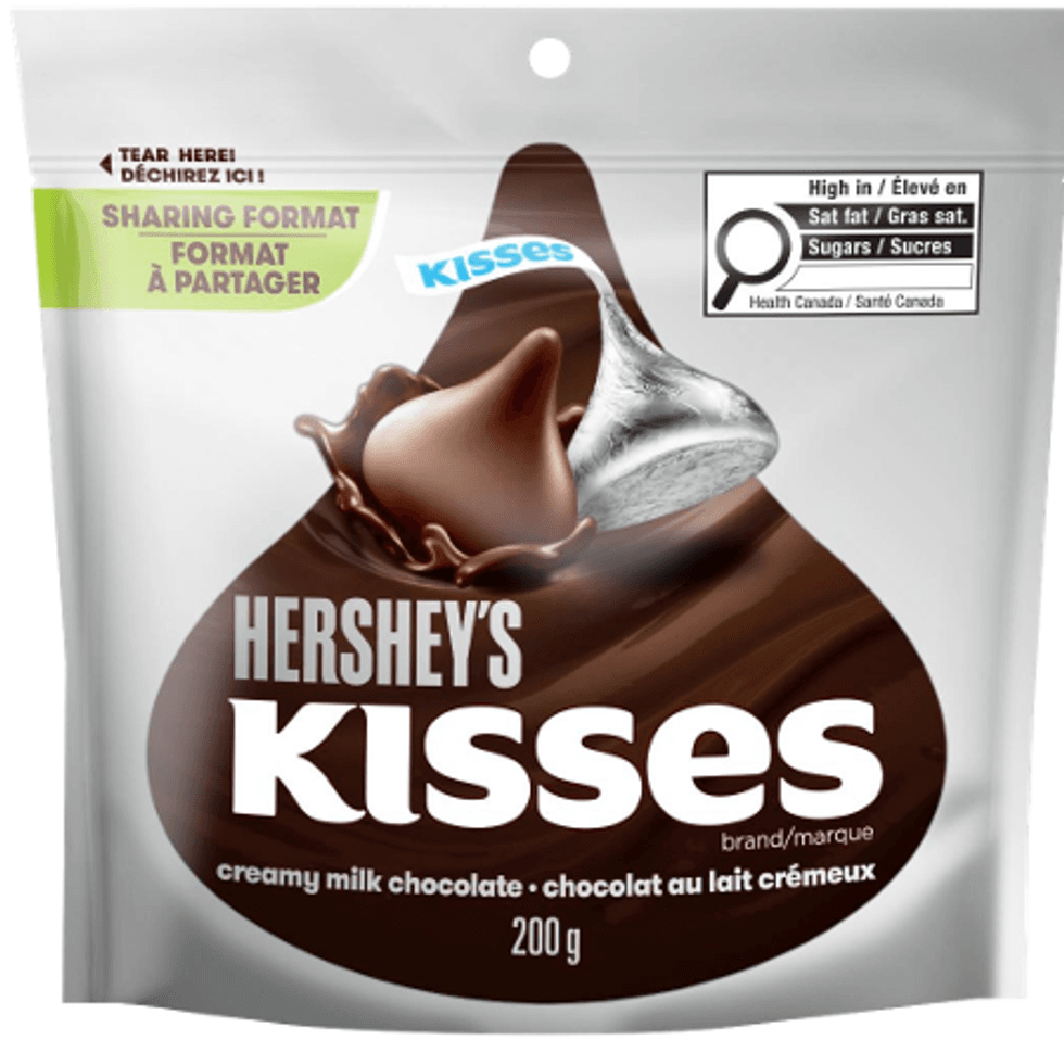 front of the 200 gram size bag of recalled hershey's kisses choclates