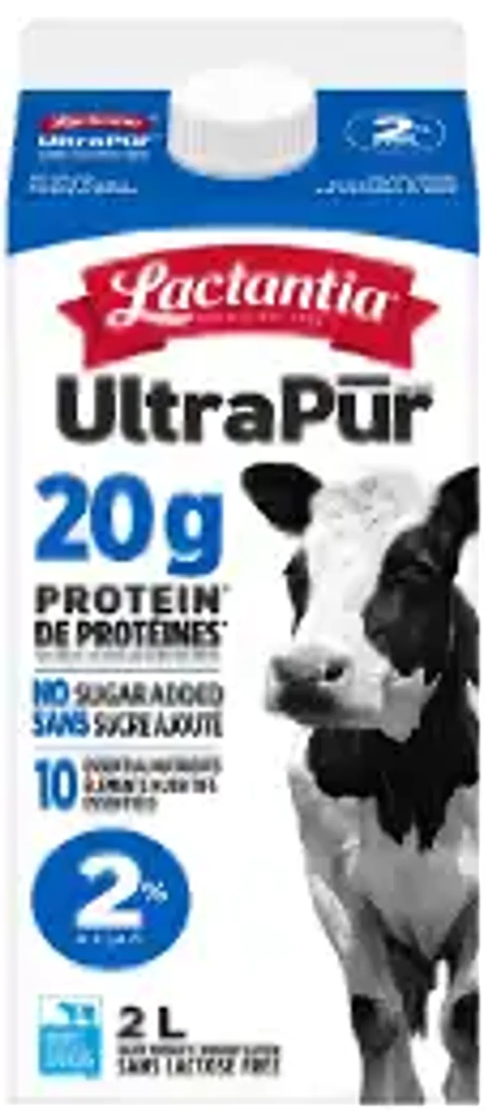 front of the carton of recalled Lactantia UltraPur 2% 20g Protein & Lactose Free Milk