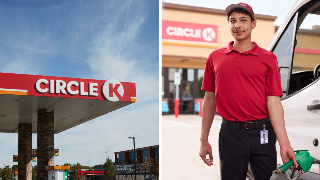 Front view of a Circle K gas station with a bright blue sky. Right: Circle K employee in red uniform holding a gas nozzle beside a white vehicle.