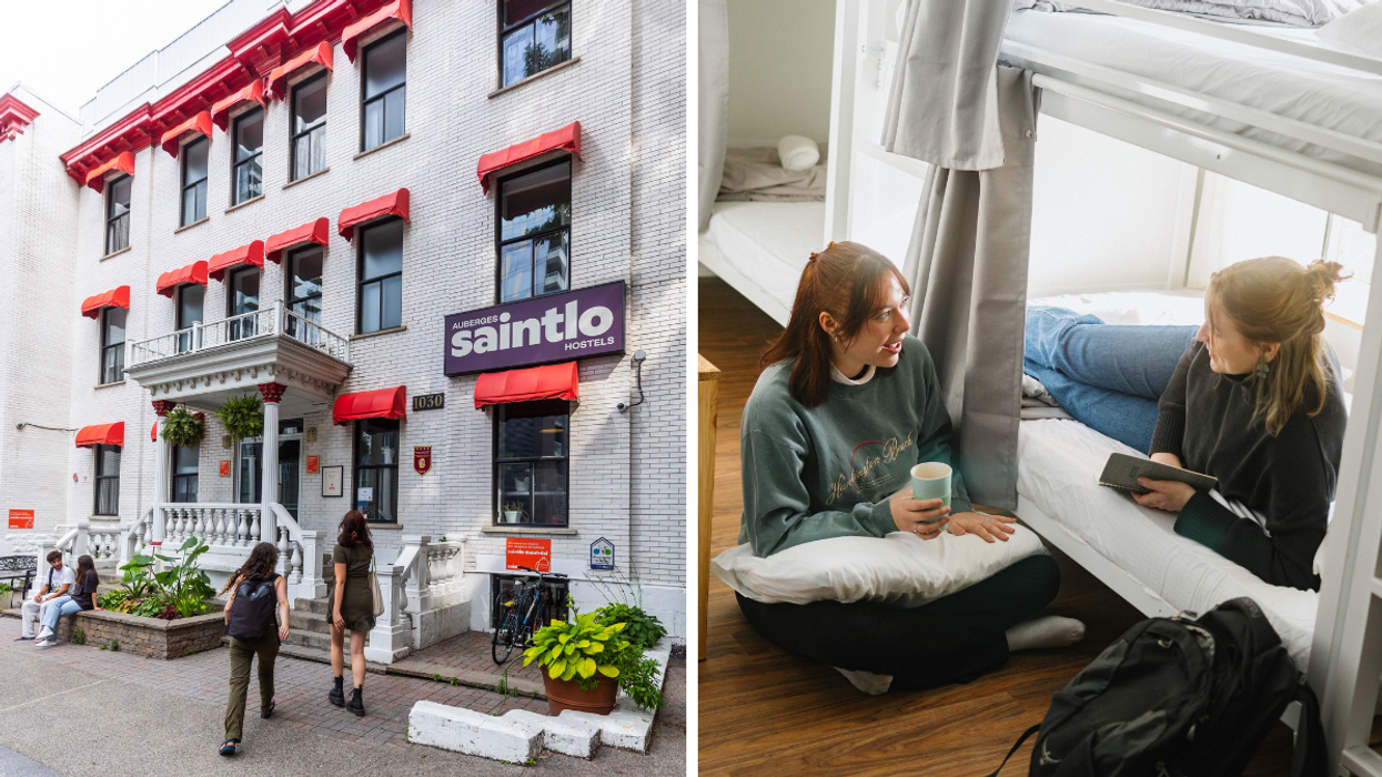Front view of Saintlo Hostel Montréal with red awnings and guests walking inside. Right: Two young women talking and relaxing in a bright dorm room at Saintlo Hostel.