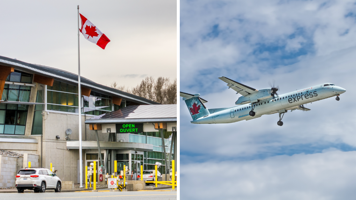 Frontière terrestre du Canada. Droite : Un avion Air Canada.