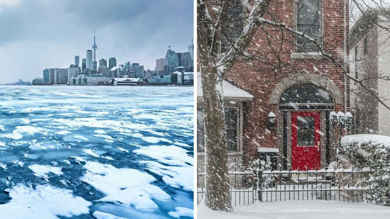 frozen lake ontario with toronto skyline. right: house with red door and trees covered in snow