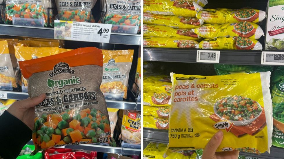 Frozen peas and carrots at Farm Boy. Right: Peas and carrots at Loblaws.