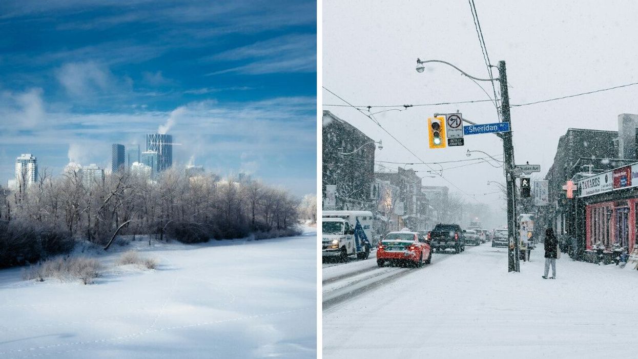 frozen river in calgary with buildings in the background. right: person standing on street corner in toronto during snowstorm