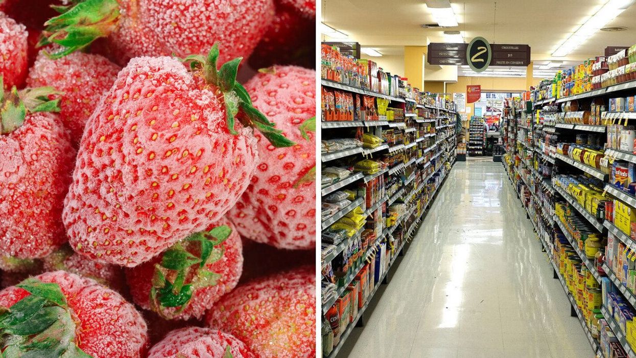 Frozen strawberries. Right: A grocery store aisle.