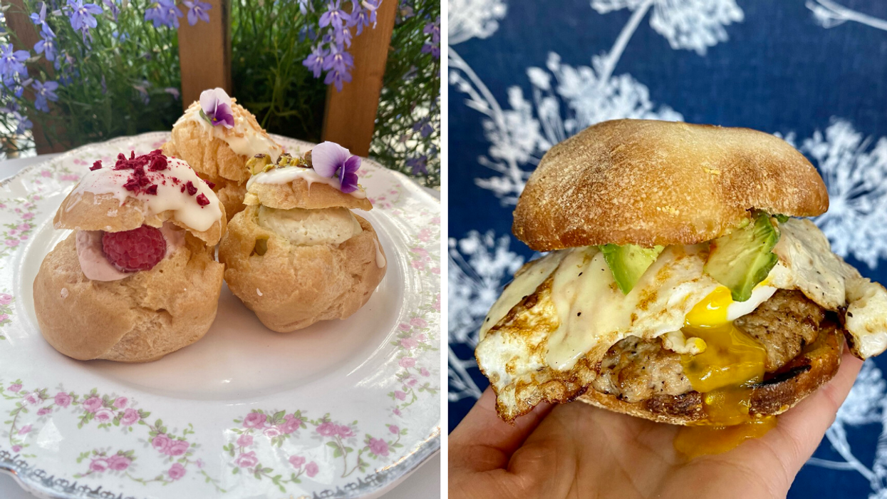 Fruit puff pastries on a patio in Ottawa. Right: Homemade breakfast sandwich from Dessert First.