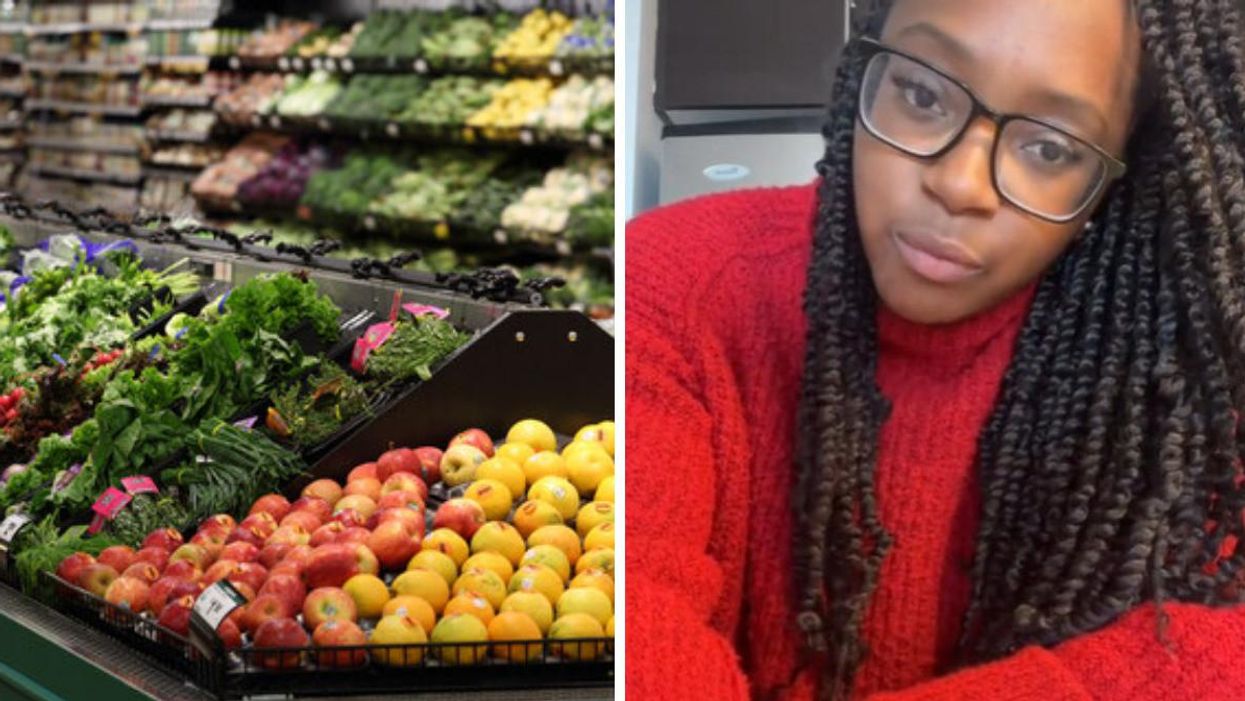 Fruits and vegetables on display in a grocery store. Right: TikToker arielandapparel talking about grocery shopping tips.