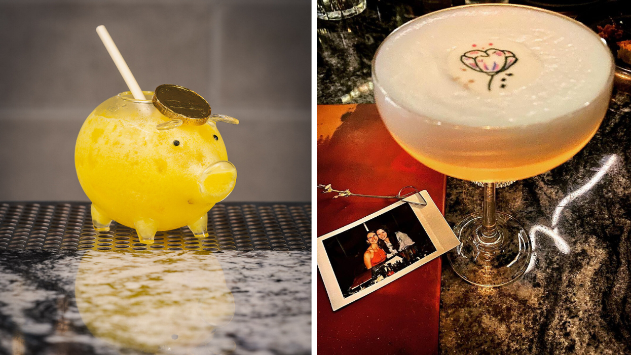 Fruity cocktail in a pig-shaped glass from Stolen Goods. Right: Garden cocktail with a polaroid picture.