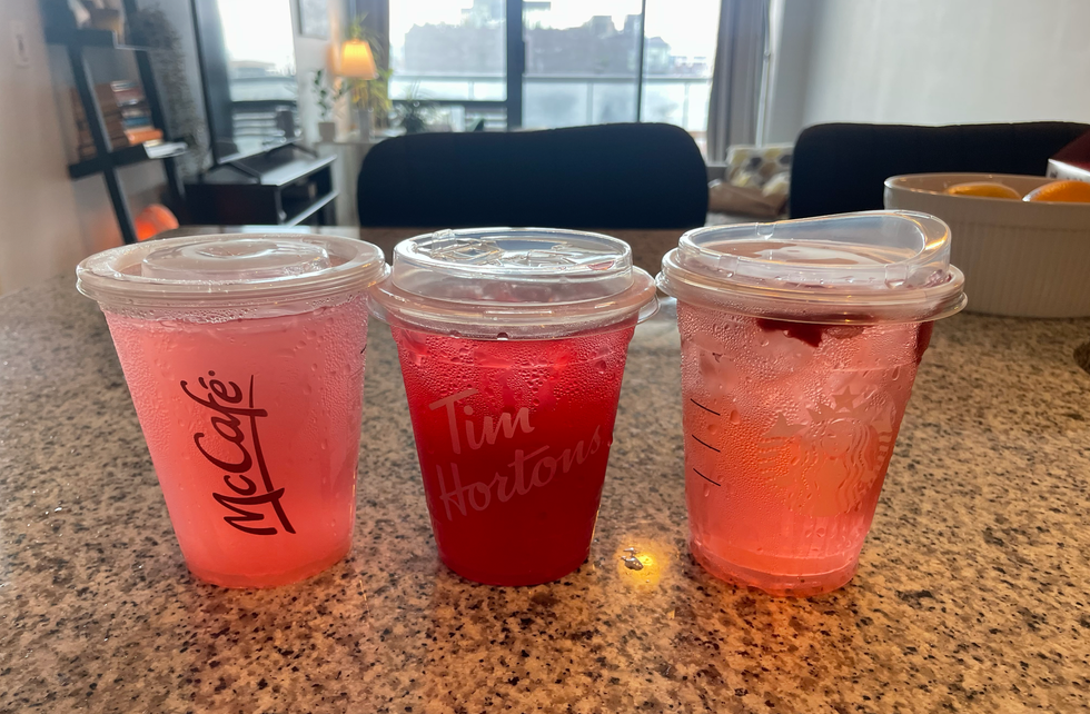 Fruity drinks from three coffee fast food chains in Canada.
