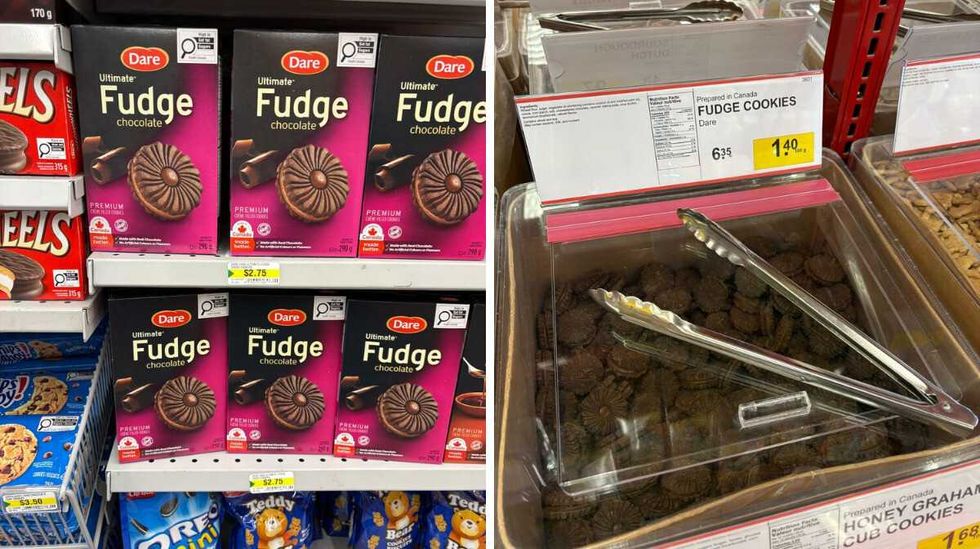 Fudge cookies at Dollarama. Right: Fudge cookies at Bulk Barn.