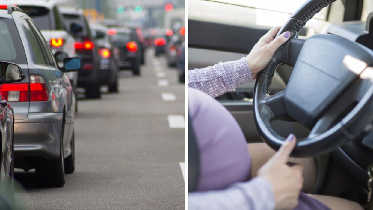 Full lanes of traffic. Right: A pregnant driver behind the wheel of a car.