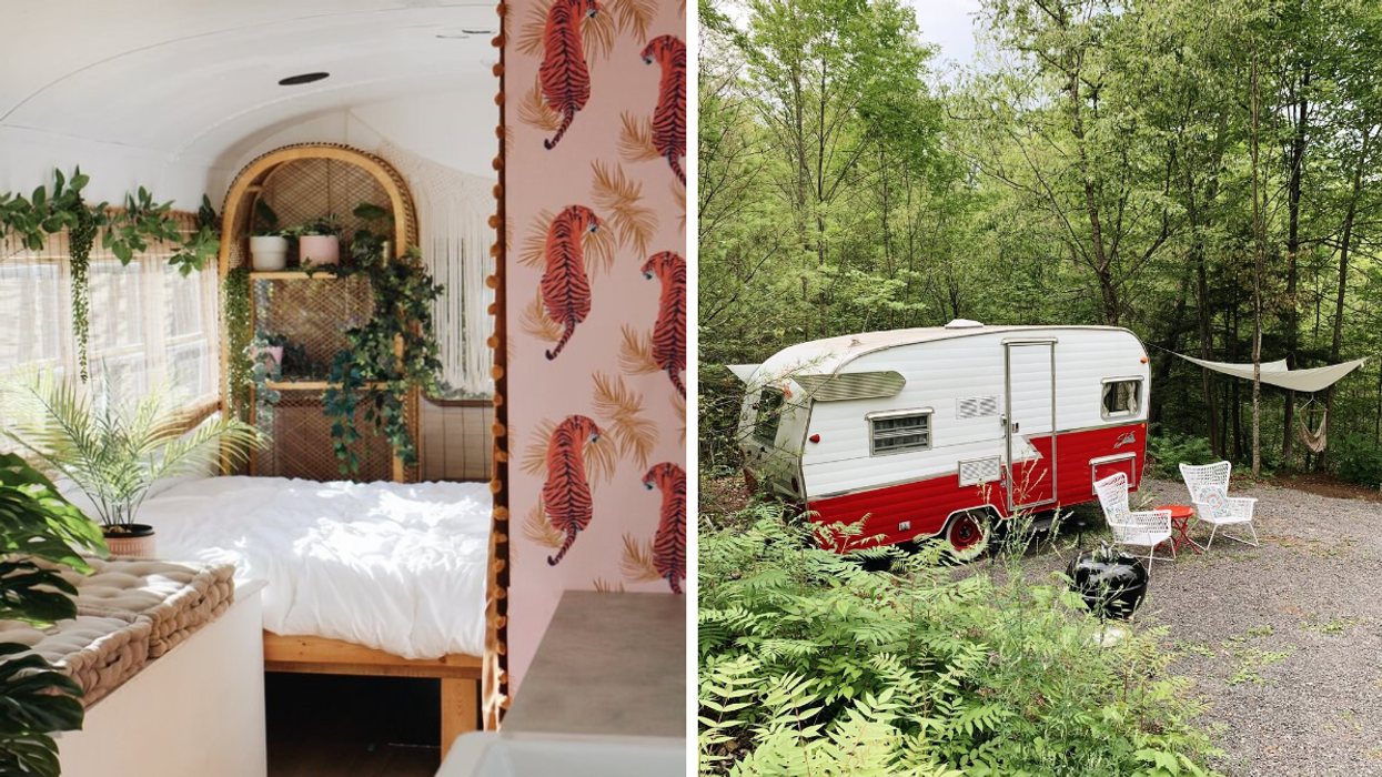 Funky camper interior in Ontario campsite, right: vintage red camper with BBQ & hammock at Ontario camp motel