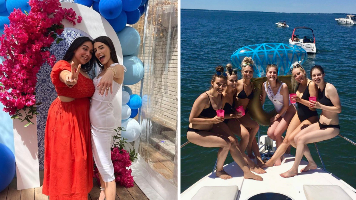 Future mariée et son amie. Droite : Location de bateau pour un bachelorette.