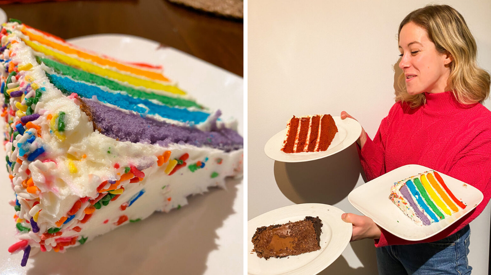 G\u00e2teau arc-en-ciel. Droite : Les trois g\u00e2teaux \u00e0 tester.