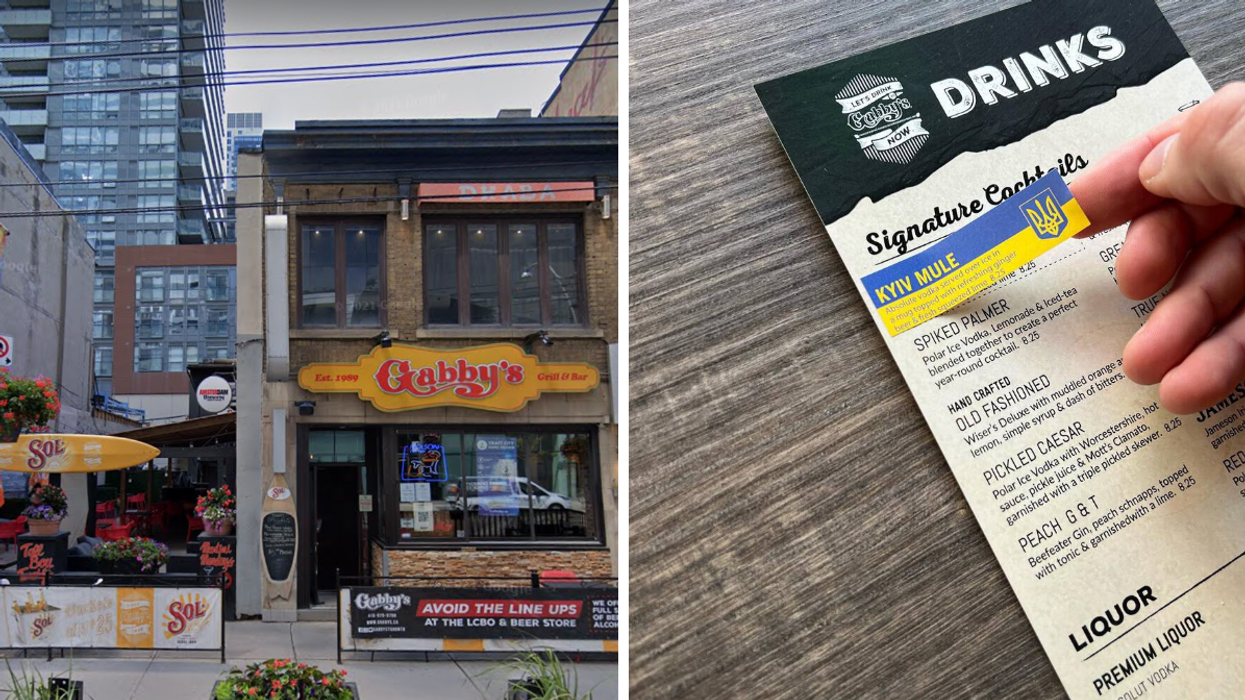 Gabby's on King Street, Right: The Kyiv Mule sticker featured on the menu.