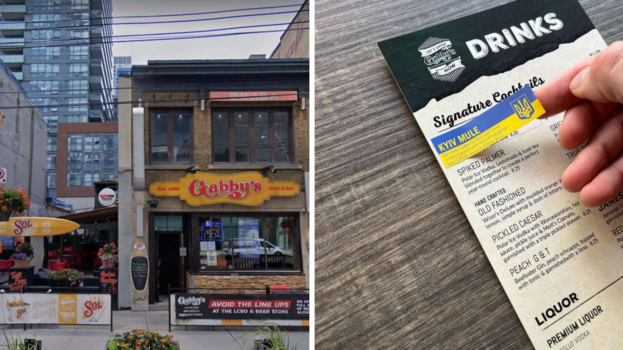 Gabby's on King Street, Right: The Kyiv Mule sticker featured on the menu.