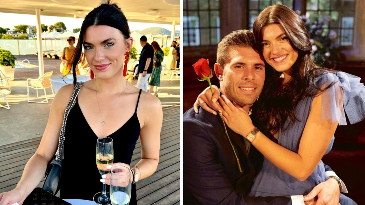 Gabi Elnicki holding a glass of champagne. Right: Zach Shallcross and Gabi Elnicki.