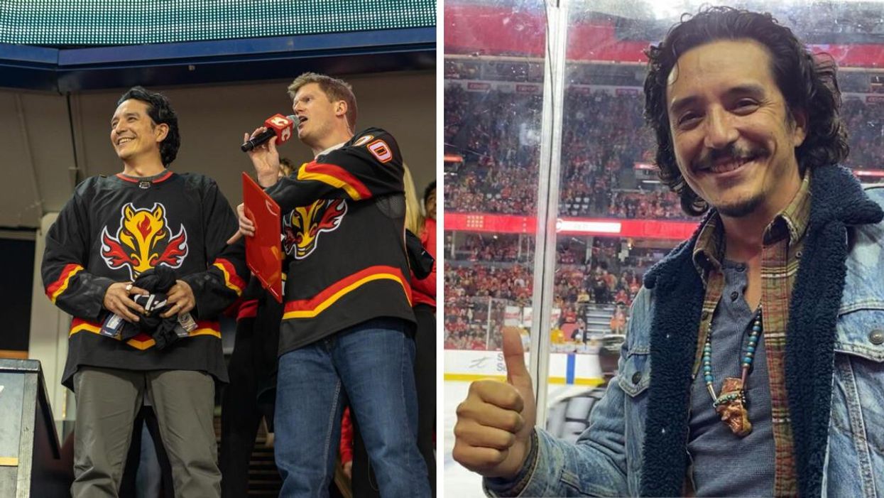 Gabriel Luna at a Calgary Flames game. Right: Gabriel Luna at the Saddledome.