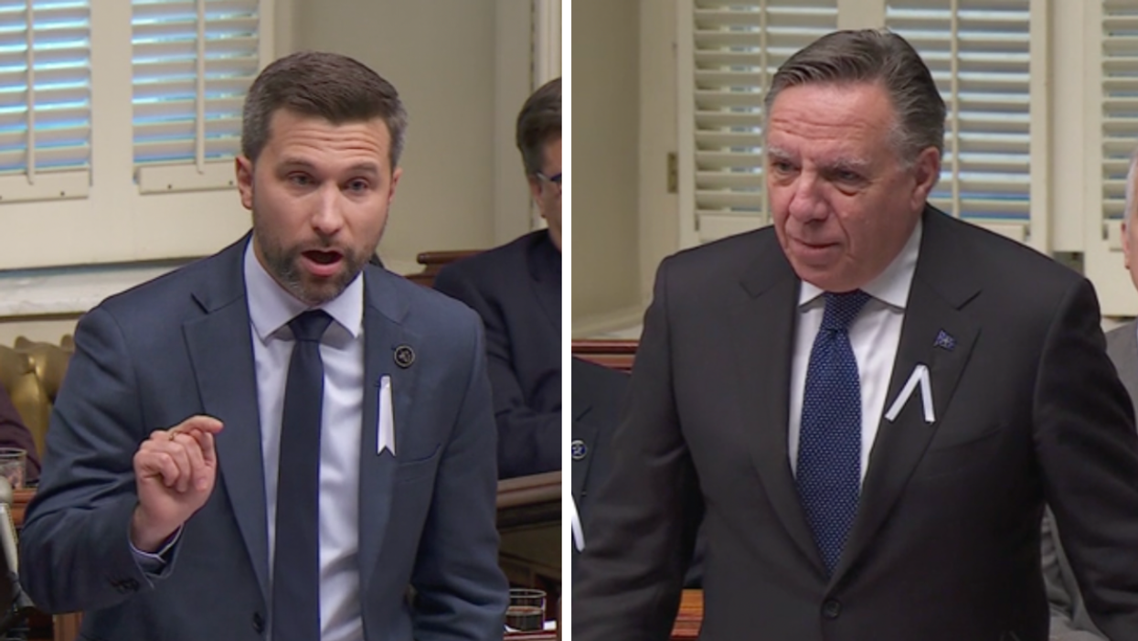 Gabriel Nadeau-Dubois. Droite : François Legault.