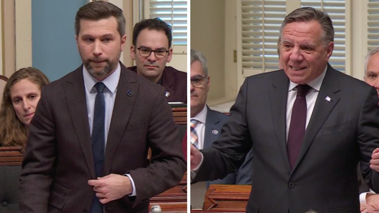Gabriel Nadeau-Dubois. Droite : François Legault.