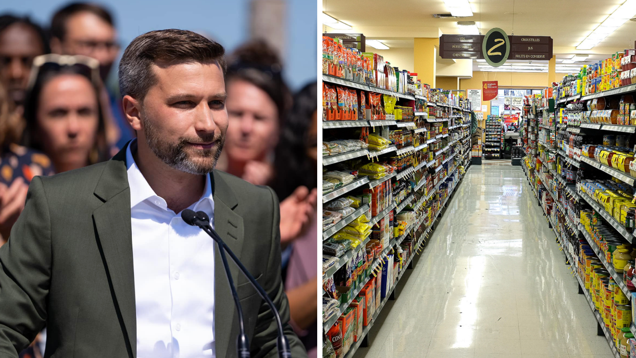 Gabriel Nadeau-Dubois. Droite : Un supermarché.