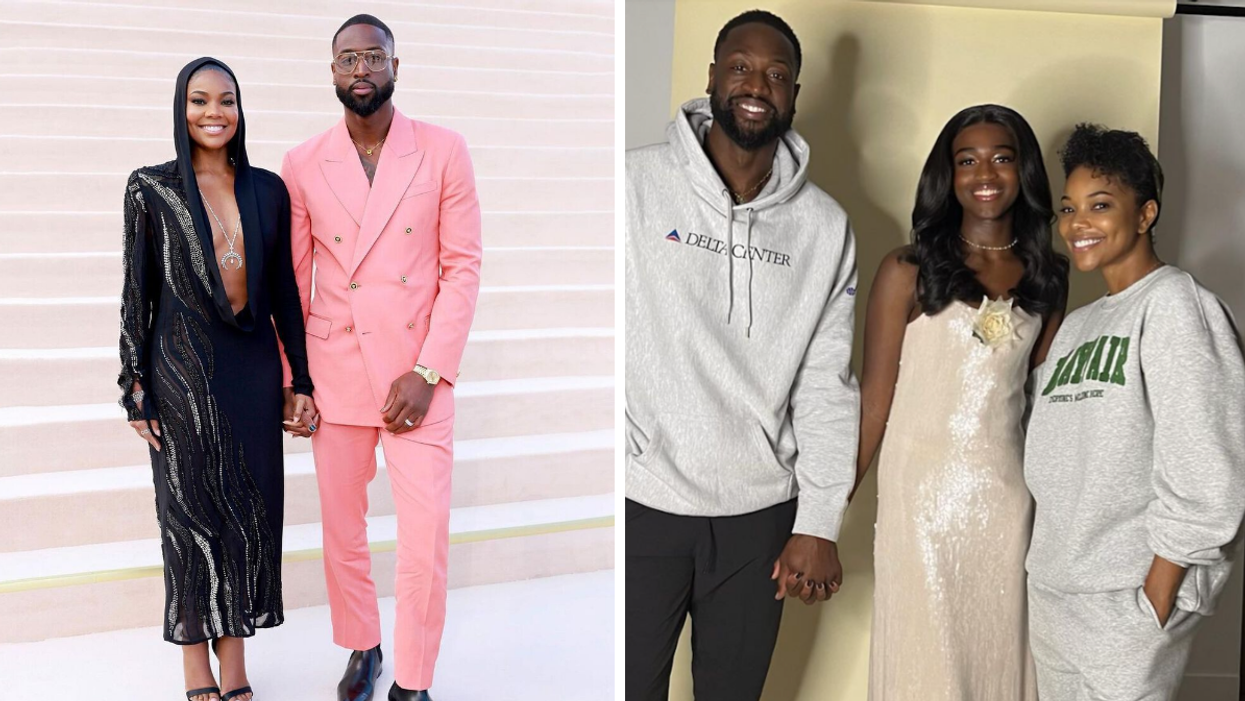 Gabrielle Union and Dwyane Wade. Right: Dwyane Wade, Zaya Wade and Gabrielle Union.