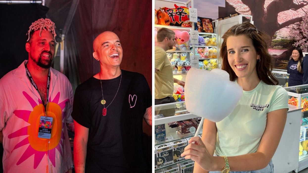 Gaël Comtois et Rachid Badouri. Droite : Une fille qui tient une barbe à papa.