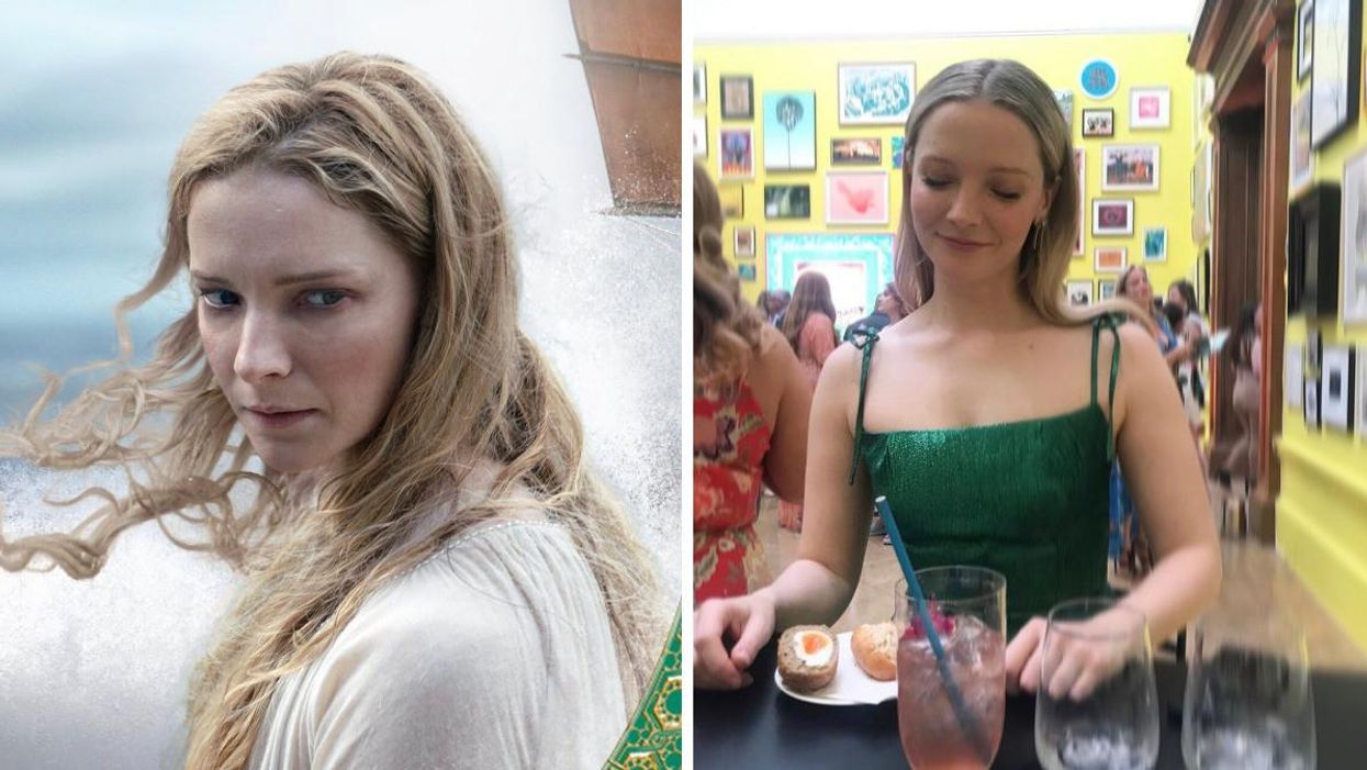 Galadriel in 'The Rings of Power'. Right: Actress Morfydd Clark sitting at a table with a scotch egg.