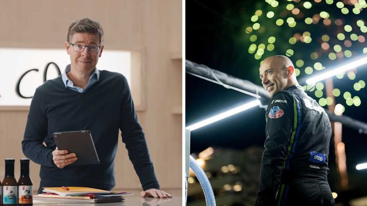 Galen Weston Jr. on a PC commercial set. Right: Tobias Lutke in a racing uniform.