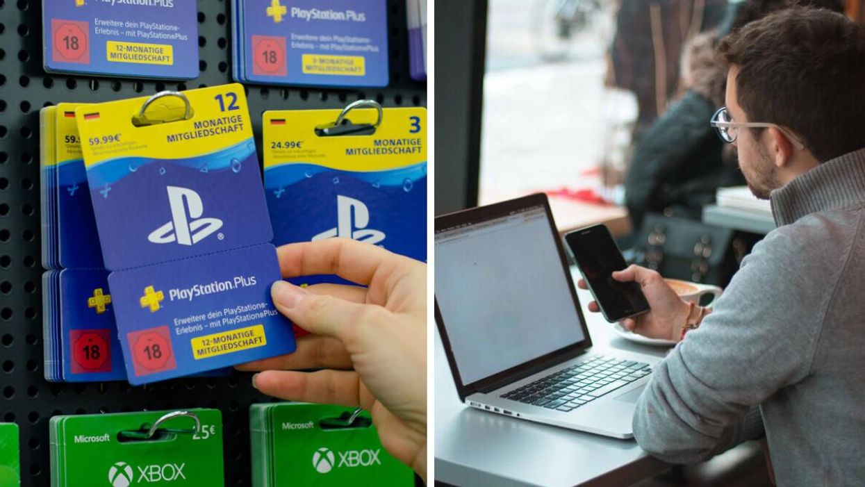 Gaming gift cards. Right: A person uses a laptop.