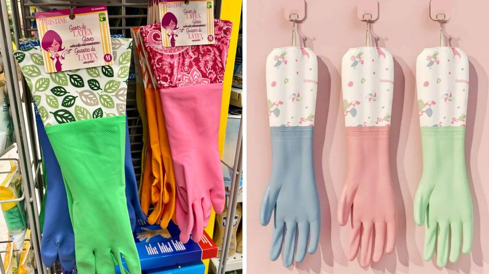 Gants de latex vert et rose au Dollarama. Droite : Les gants de latex de couleurs pastel sur le site du Walmart.