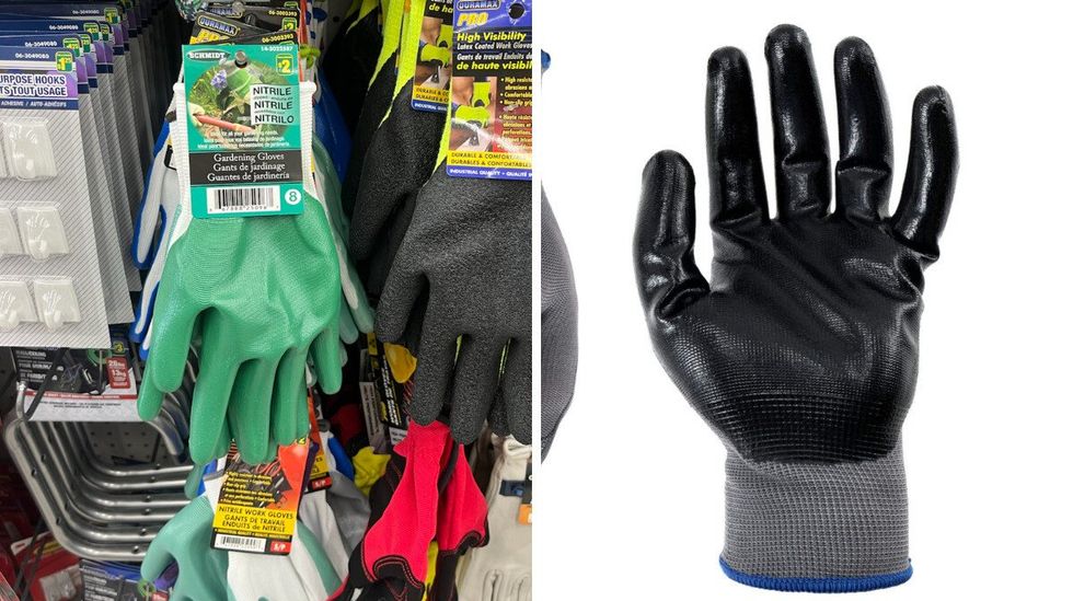 Gants en nitrile au Dollarama. Droite : Gants en nitrile Mastercraft.