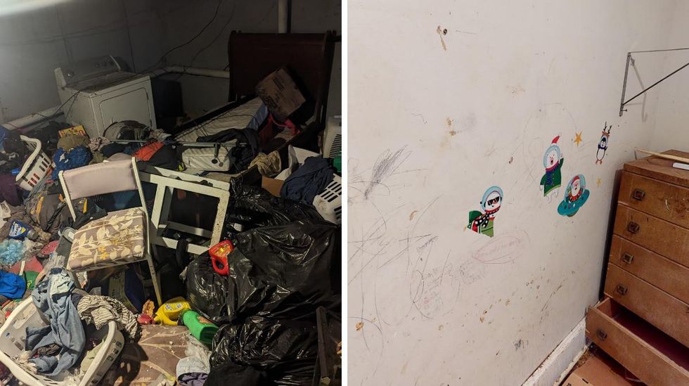 Garbage piled in the basement. Right: Bedroom.