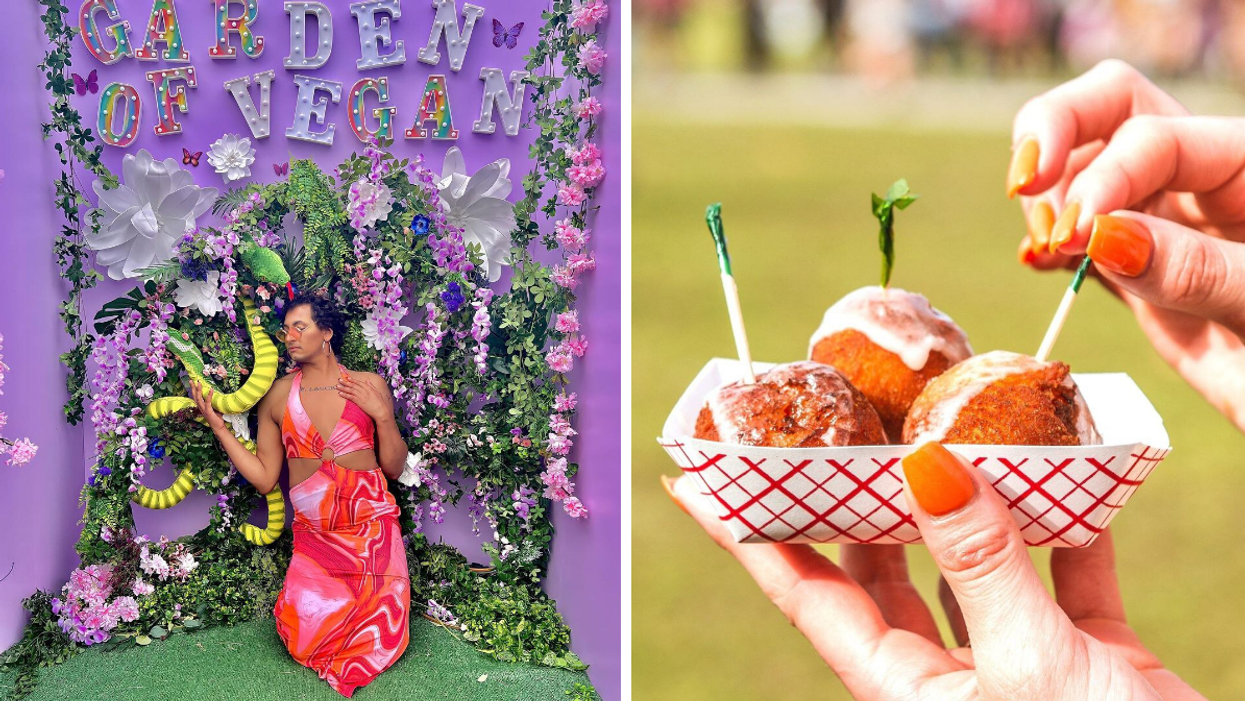Garden of Vegan wall display at Vegandale. Right: Deep fried watermelon festival appetizer.