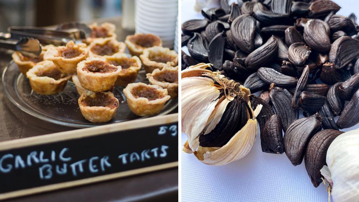 Garlic butter tarts. Right: Black garlic.