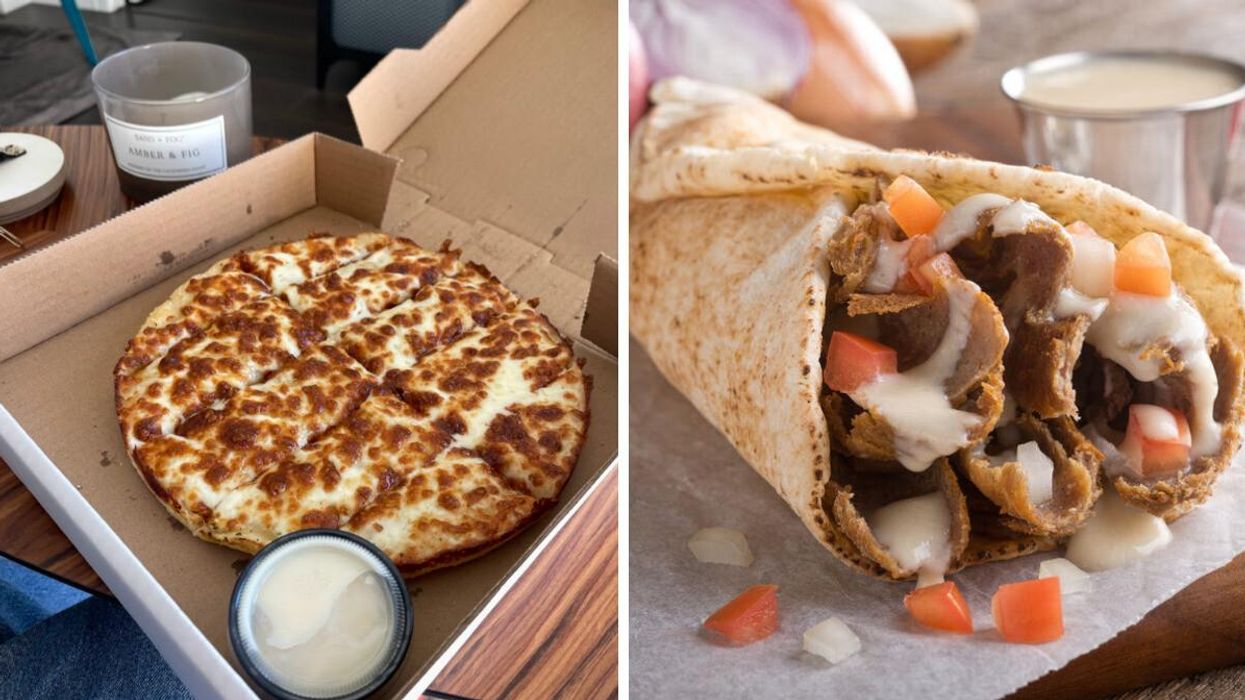 Garlic fingers. Right: Donair.