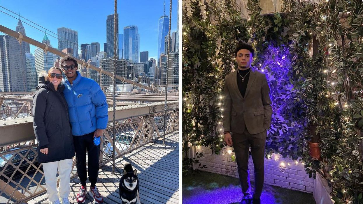 Garrett Wilson with a woman in New York. Right: Drake London in front of a wined wall.