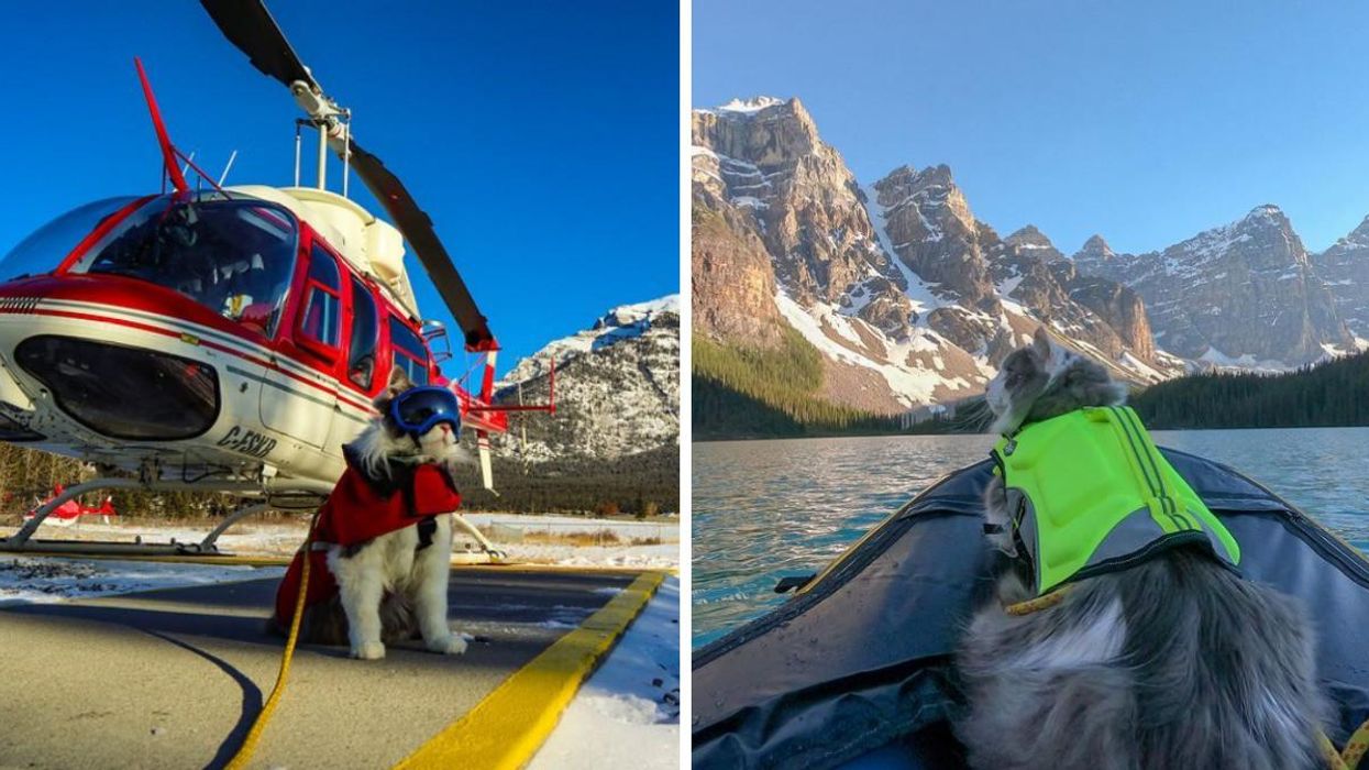 Gary sitting next to a helicopter. Right: Gary on a raft on Moraine Lake.