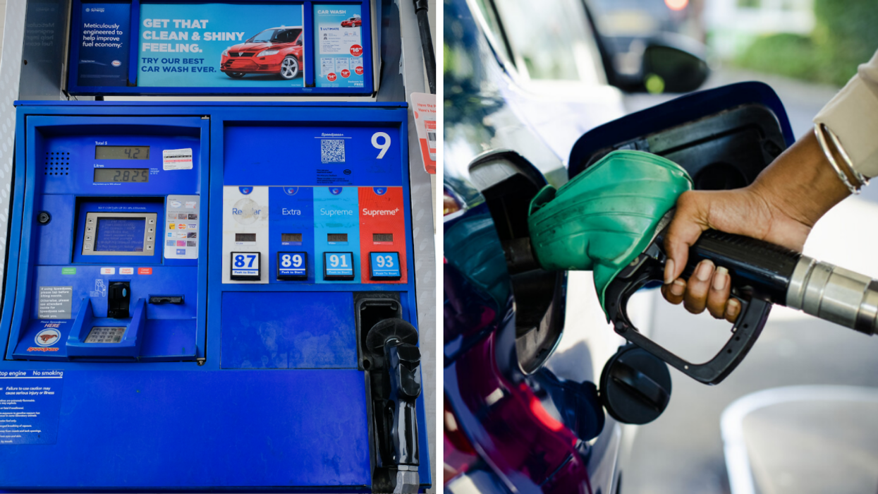 Gas pump. Right: Person pumping gas.