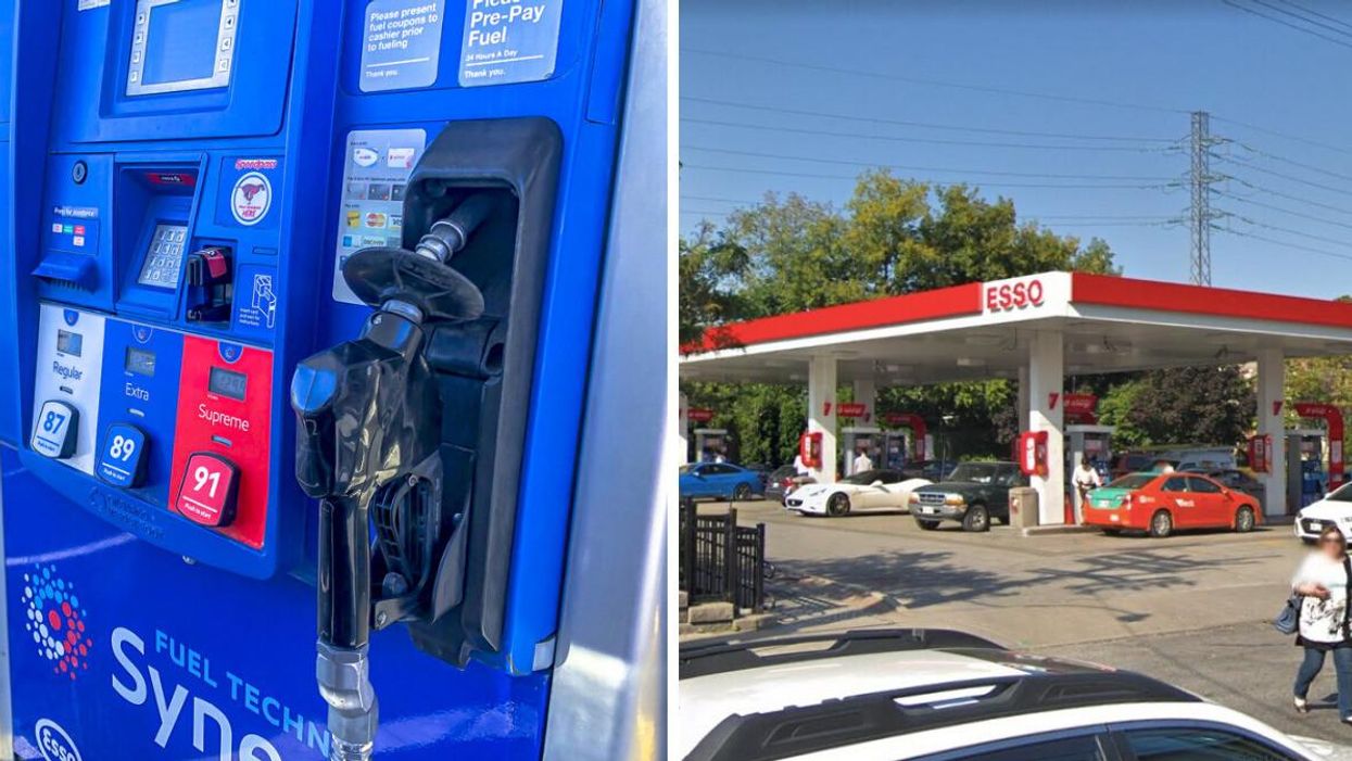 Gas pumps. Right: An Esso gas station in Toronto.