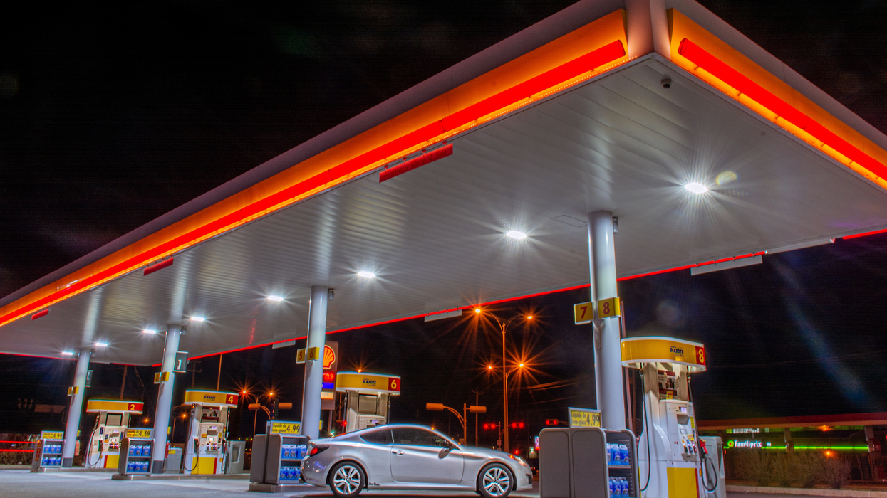 Gas station at night.