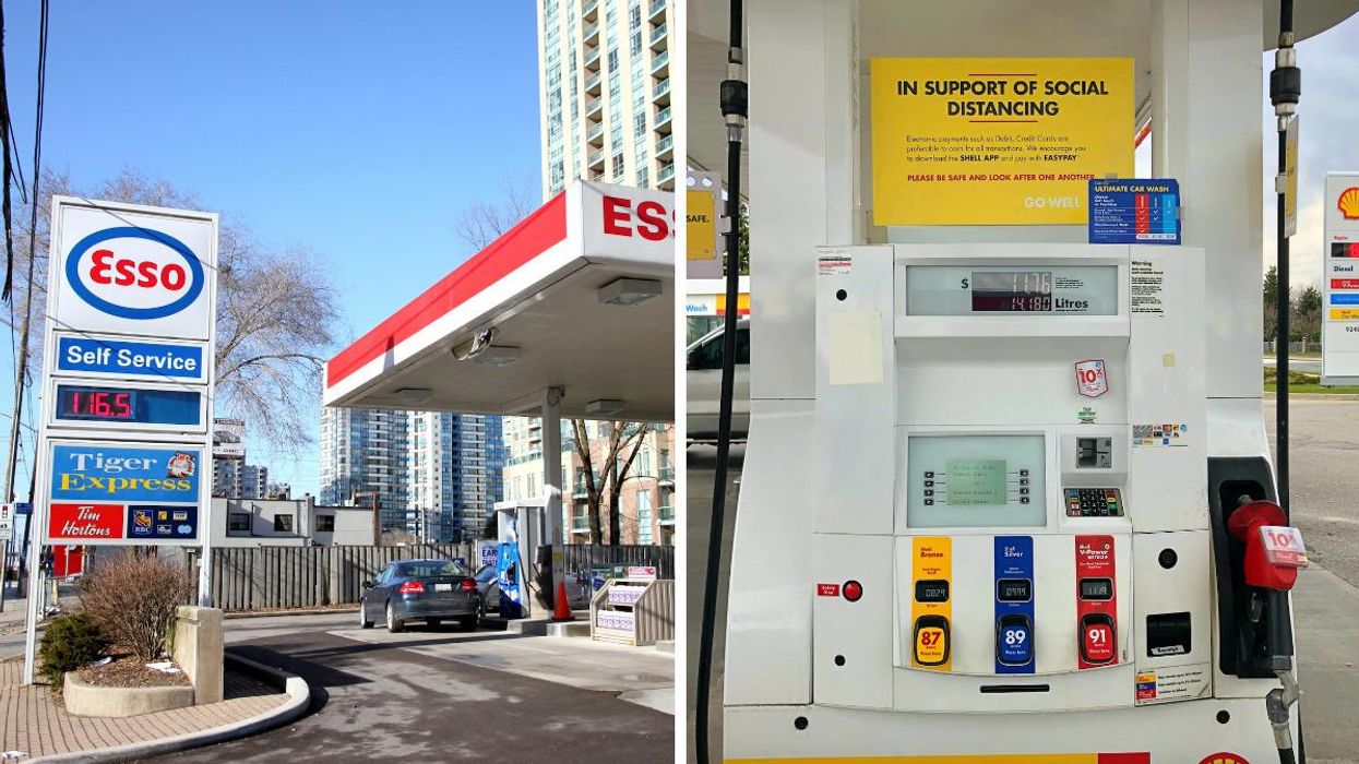 Gas station in Canada. Right: Gas pump.