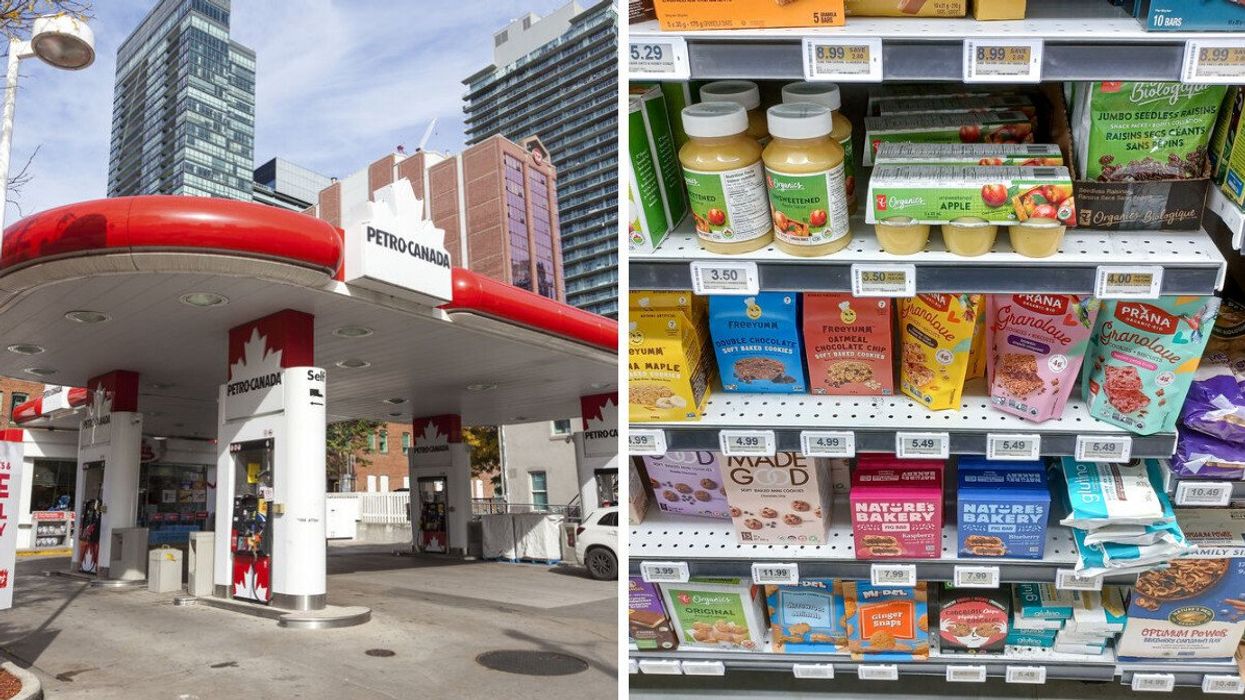 gas station in canada. right: products on shelves at grocery store in canada