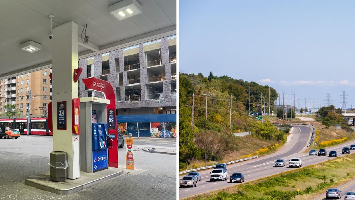 Gas station in Toronto. Right: Cars driving on a highway in Ontario.